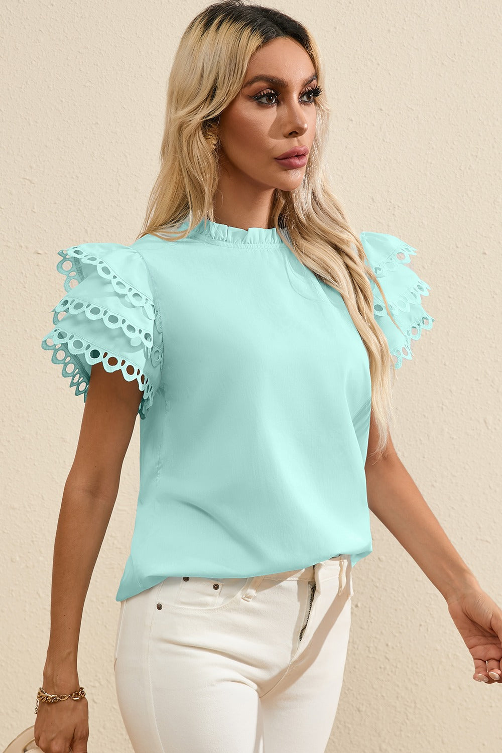 Ruffled Eyelet Round Neck Cap Sleeve Blouse by SYNZ