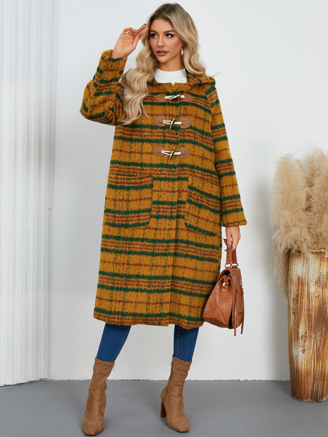 Plaid Long Sleeve Hooded Coat with Pockets by Trendsi