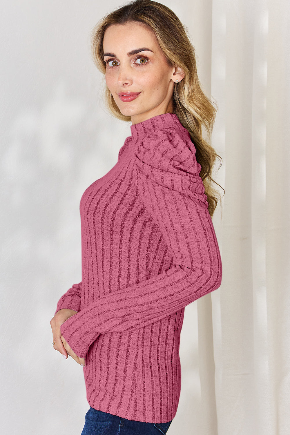 Ribbed Mock Neck Puff Sleeve by Basic Bae