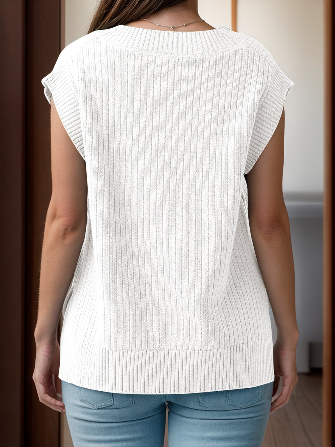 V-Neck Cap Sleeve Knit Vest by Trendsi