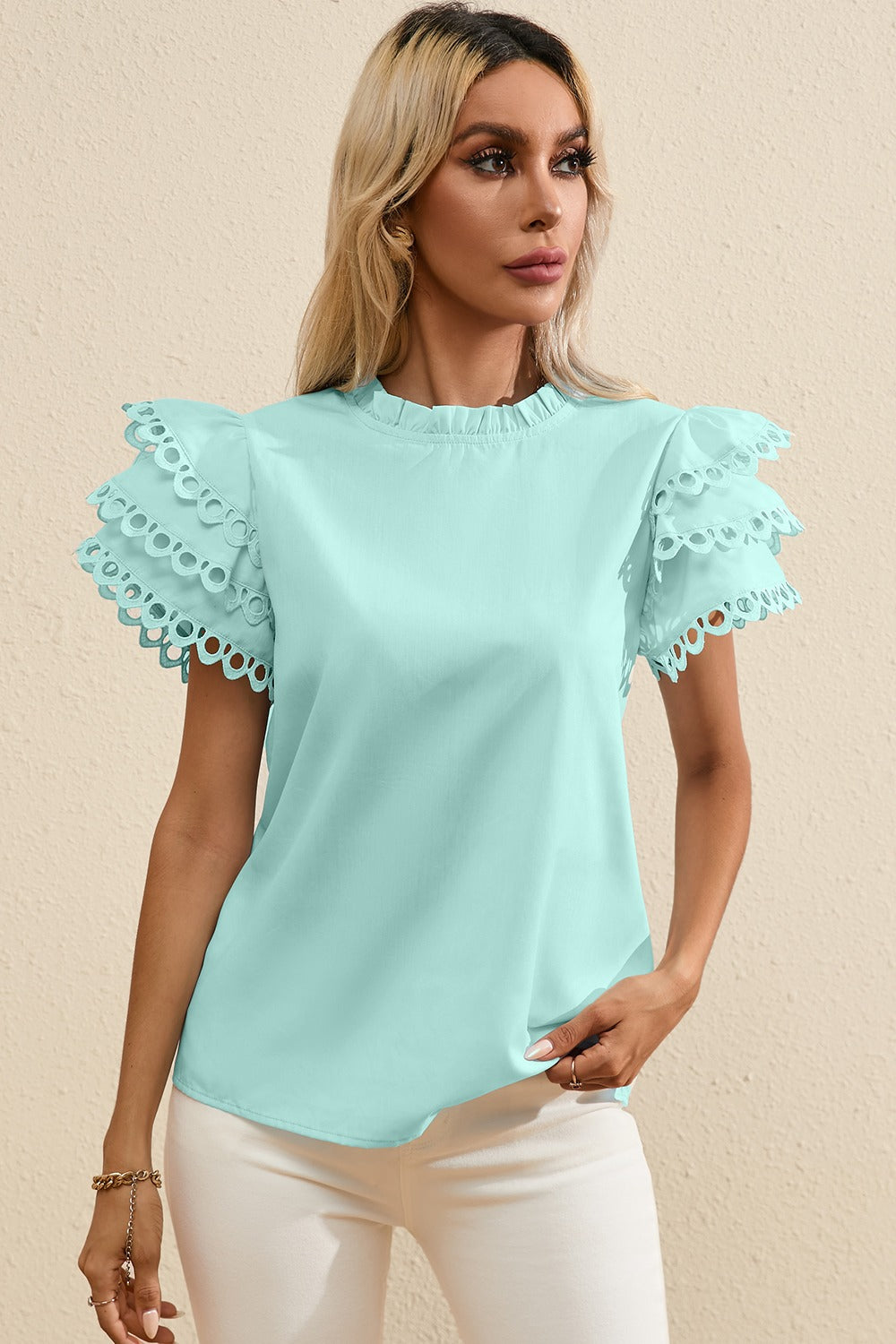 Ruffled Eyelet Round Neck Cap Sleeve Blouse by SYNZ