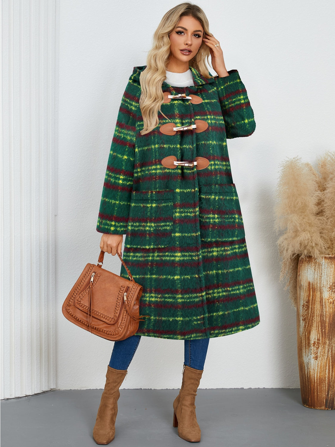 Plaid Long Sleeve Hooded Coat with Pockets by Trendsi