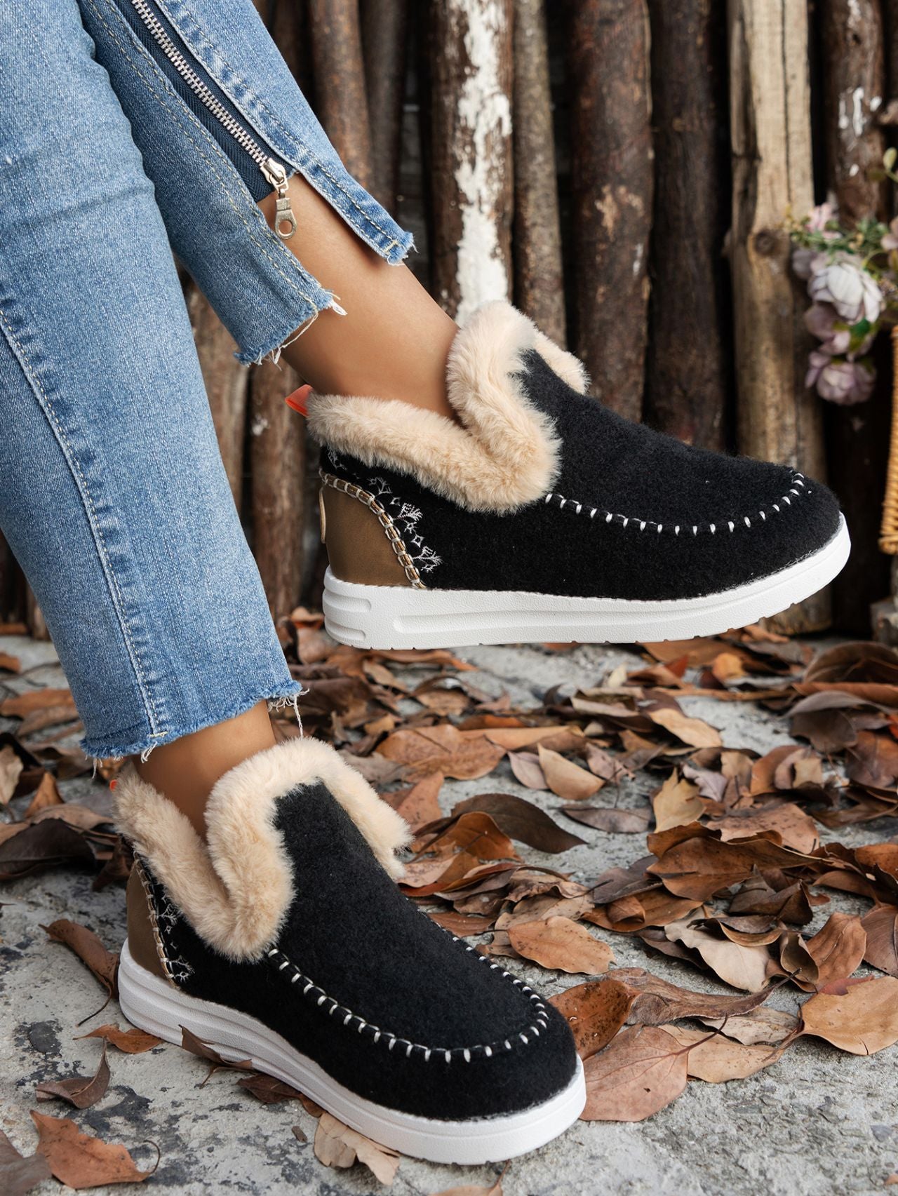 Furry Suede Round Toe Flat Sneakers by Trendsi