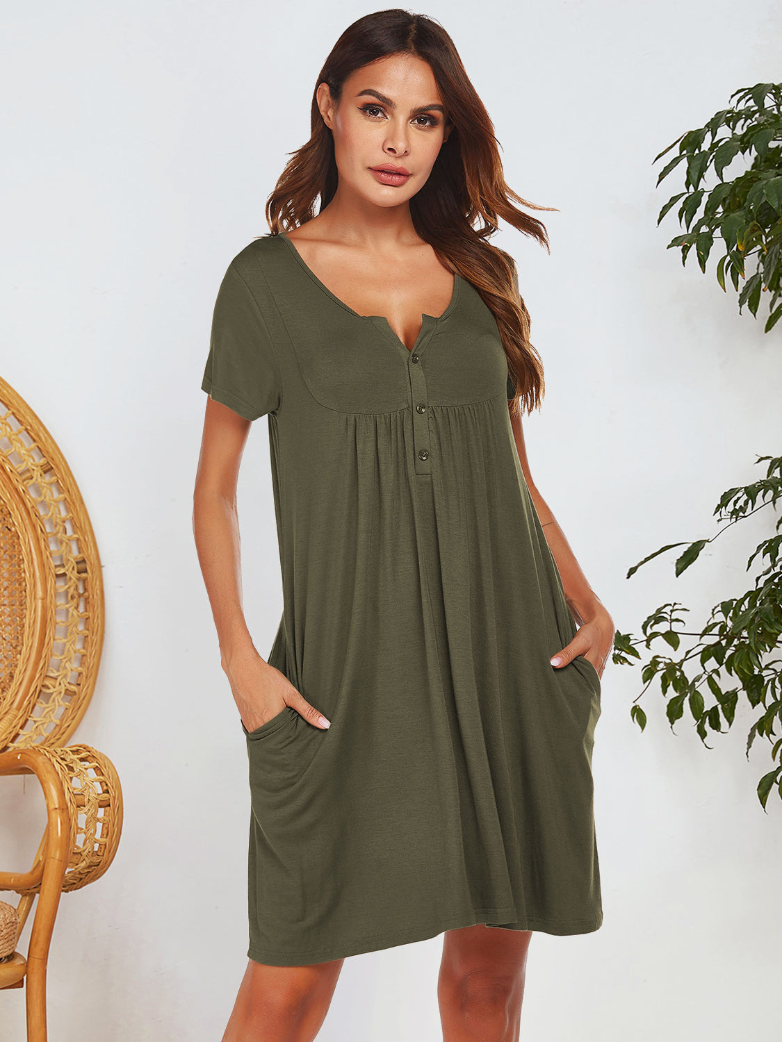 Notched Short Sleeve Mini Lounge Dress by DEW