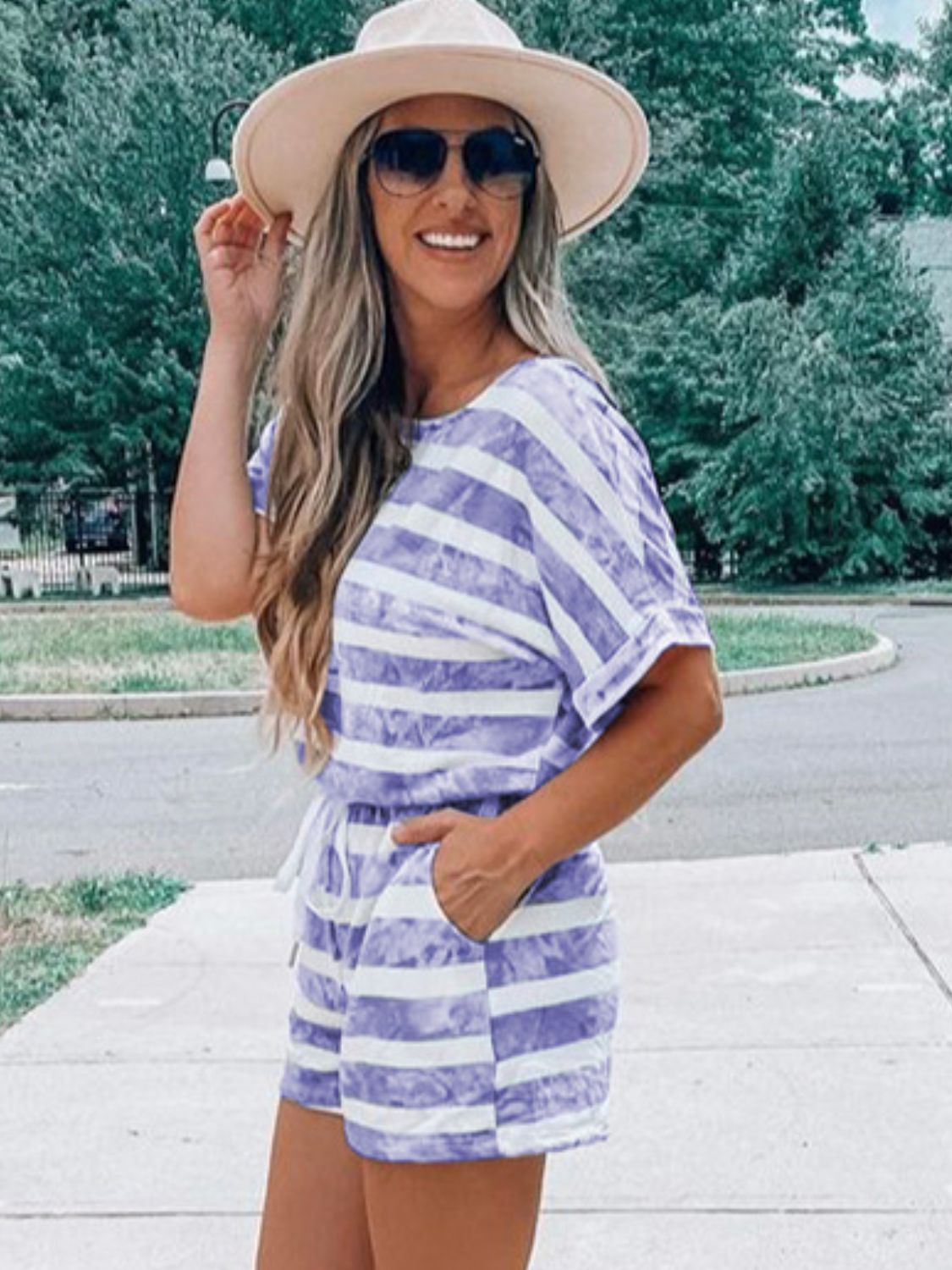 Striped Round Neck Top and Shorts Set by Trendsi