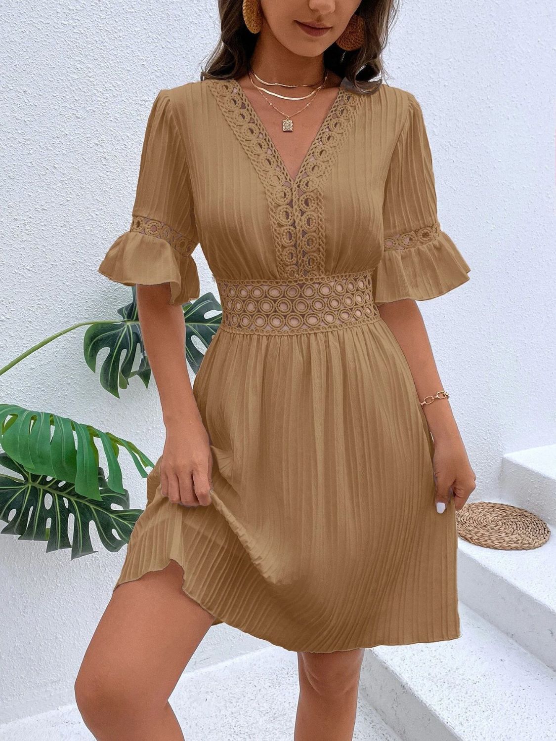 Cutout V-Neck Flounce Sleeve Mini Dress by Trendsi