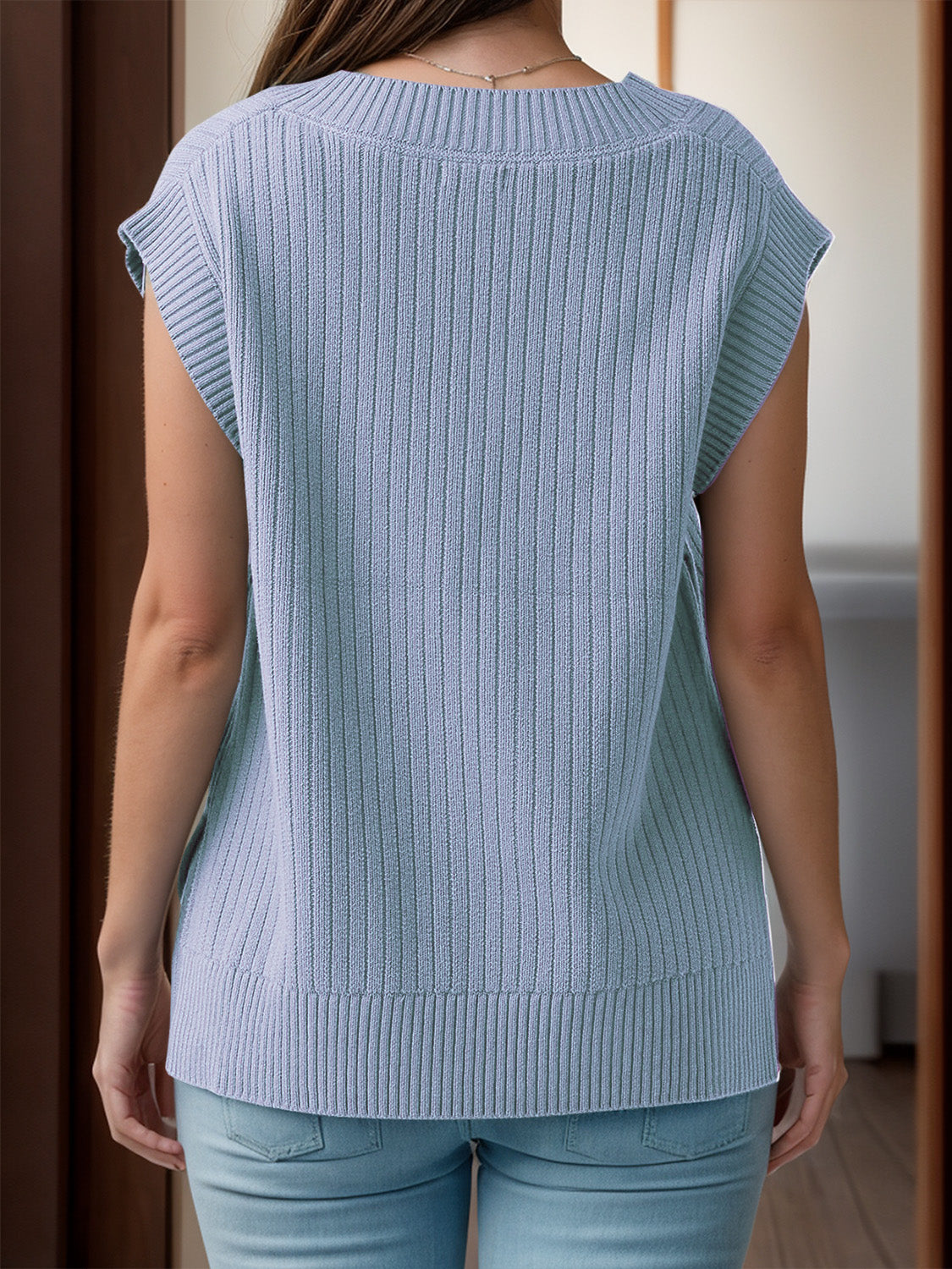 V-Neck Cap Sleeve Knit Vest by Trendsi