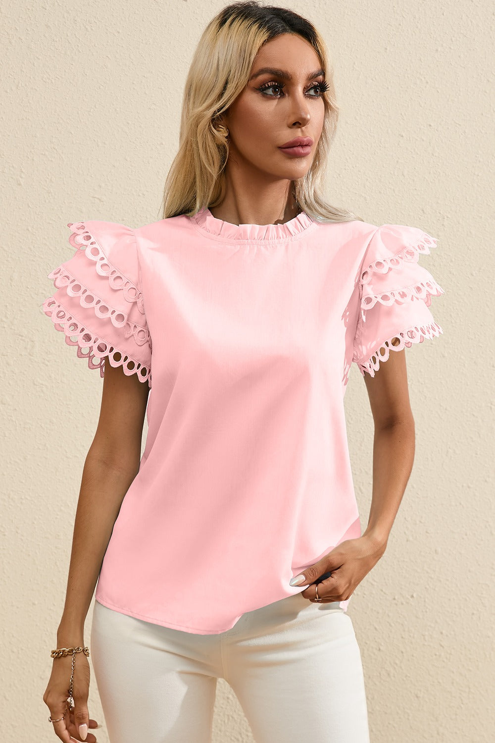 Ruffled Eyelet Round Neck Cap Sleeve Blouse by SYNZ