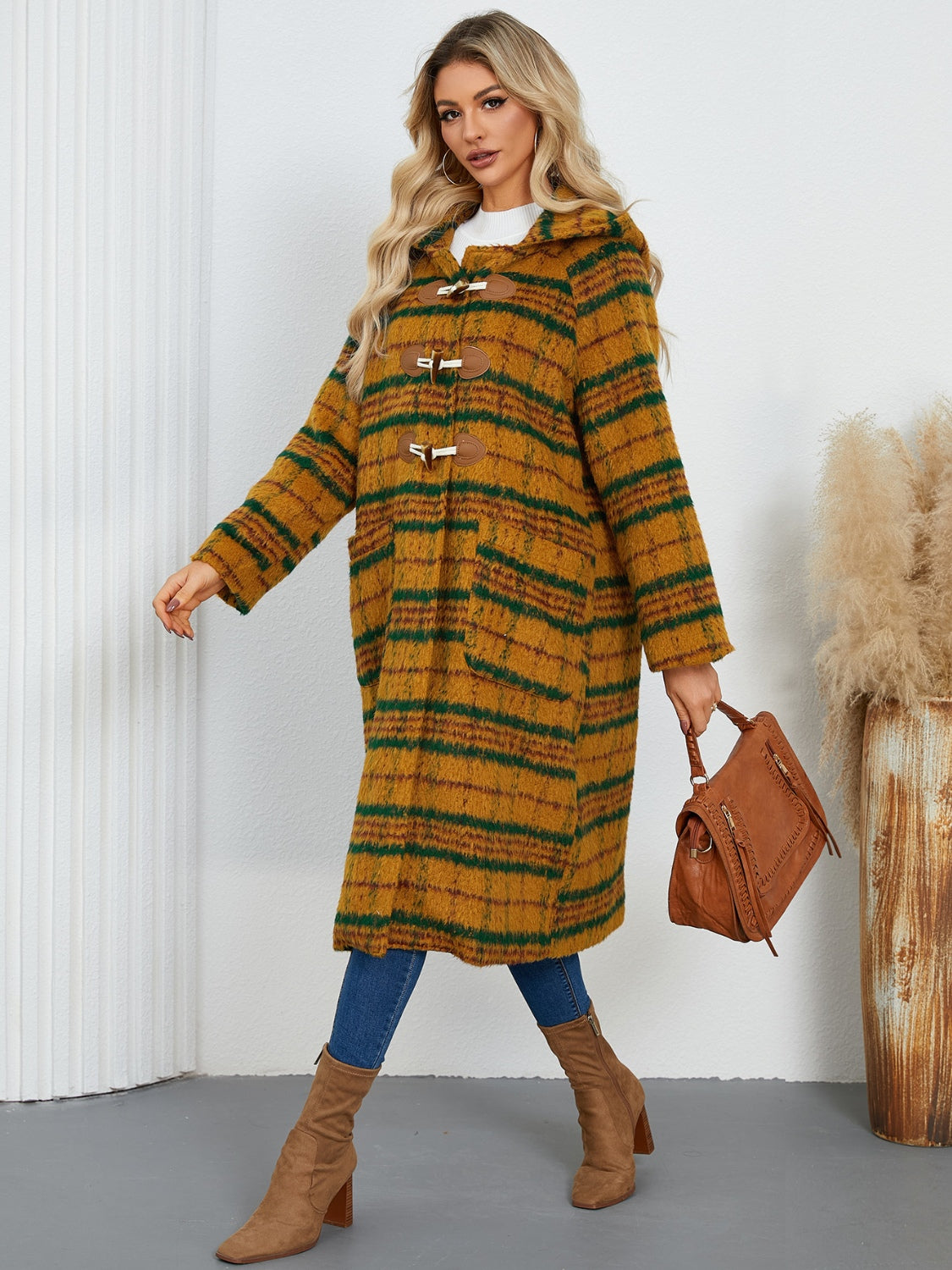 Plaid Long Sleeve Hooded Coat with Pockets by Trendsi