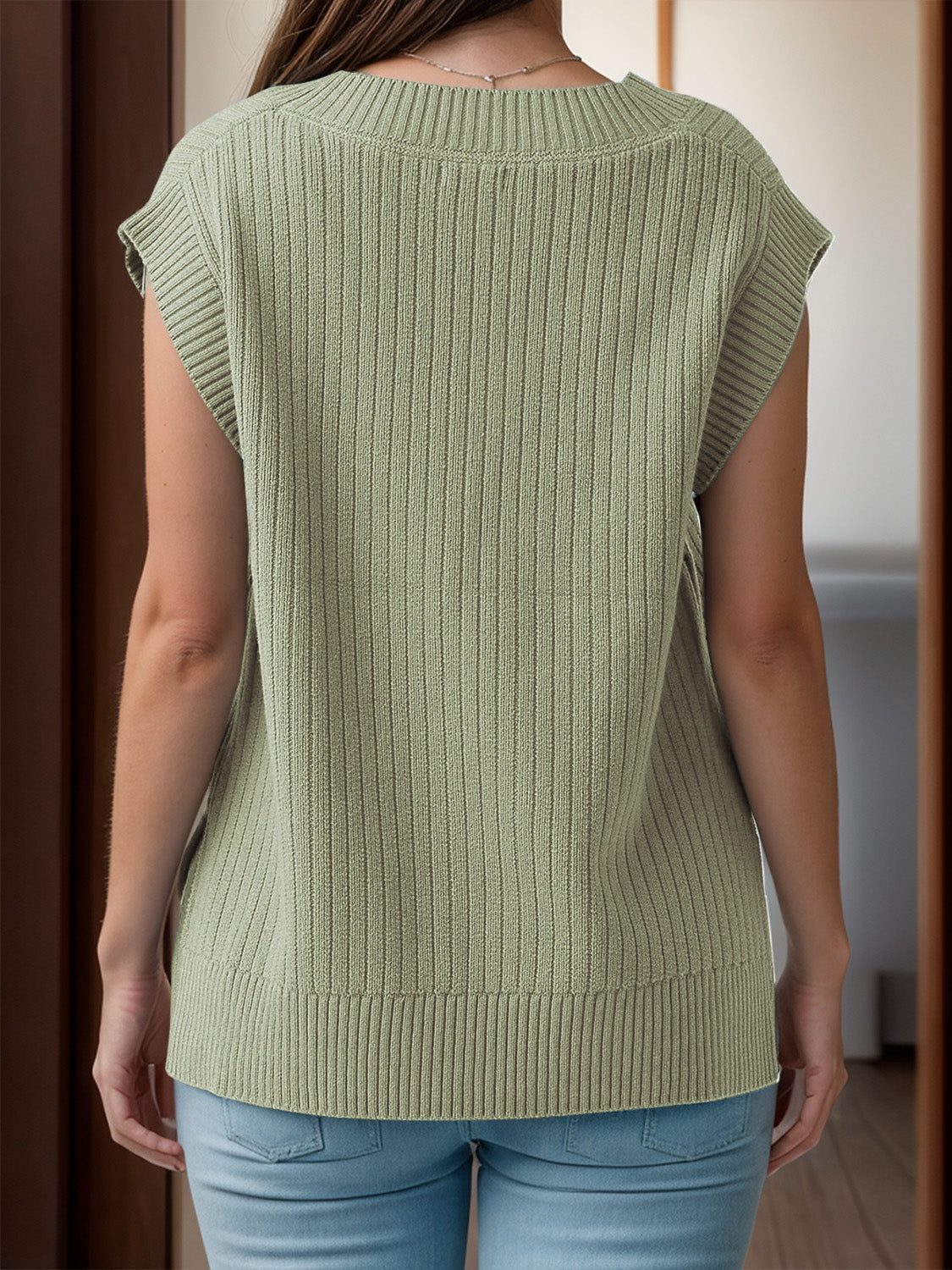 V-Neck Cap Sleeve Knit Vest by Trendsi