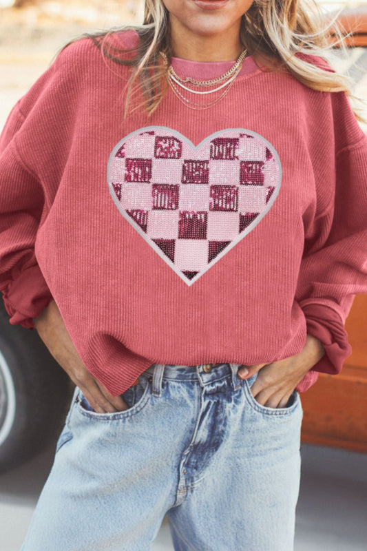 Sequin Checkered Heart Long Sleeve Sweatshirt by SYNZ