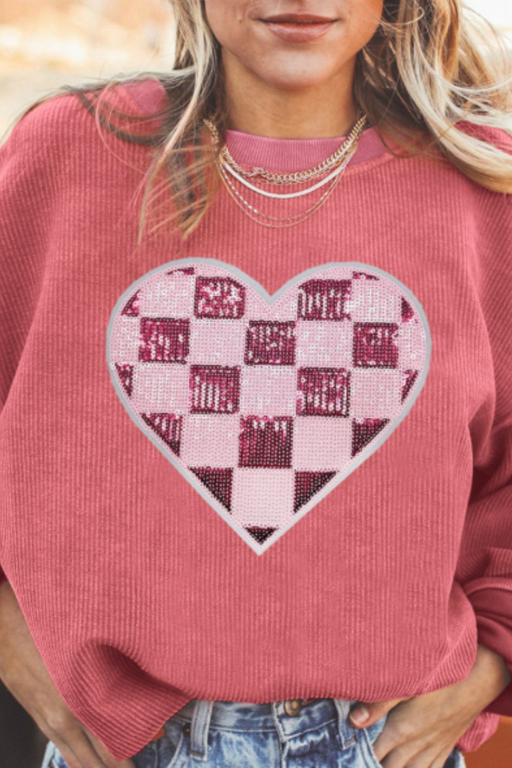 Sequin Checkered Heart Long Sleeve Sweatshirt by SYNZ