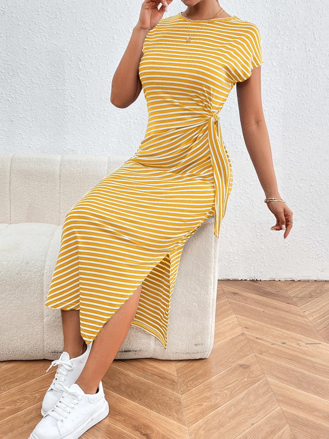 Tied Striped Round Neck Short Sleeve Tee Dress by Hanny