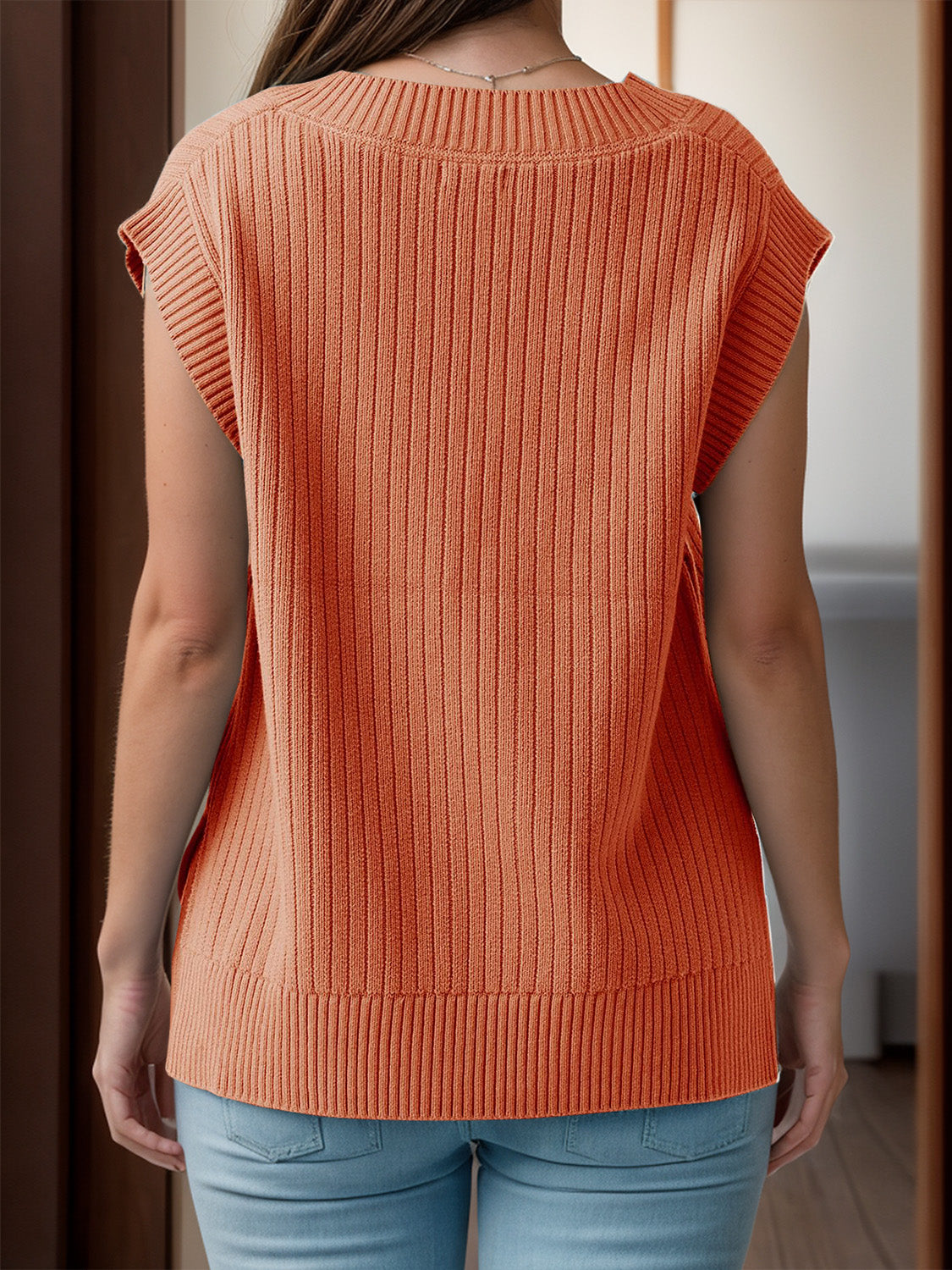 V-Neck Cap Sleeve Knit Vest by Trendsi