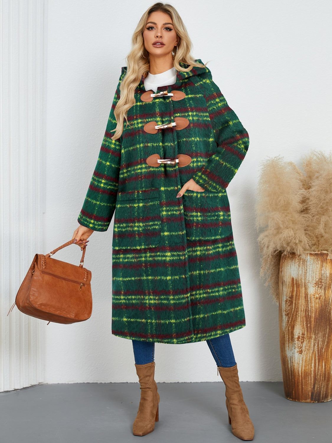 Plaid Long Sleeve Hooded Coat with Pockets by Trendsi