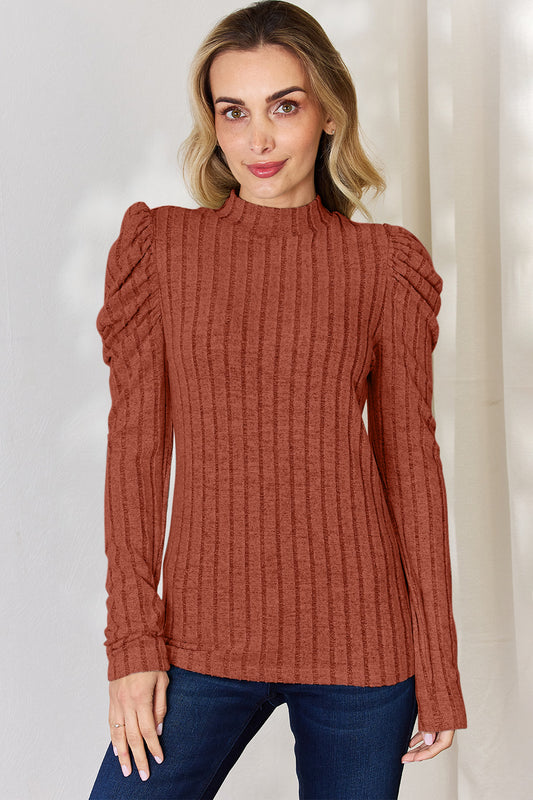 Ribbed Mock Neck Puff Sleeve by Basic Bae