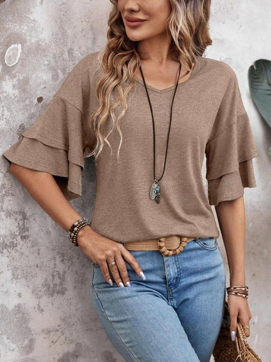 V-Neck Half Sleeve Blouse by Trendsi