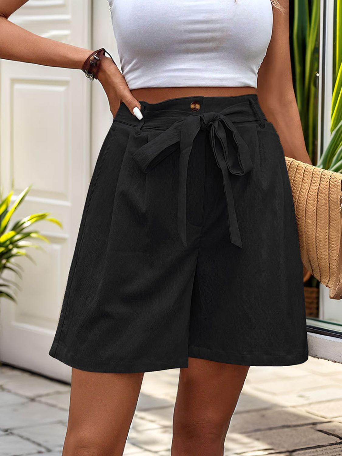 Tied High Waist Shorts with Pockets by Trendsi