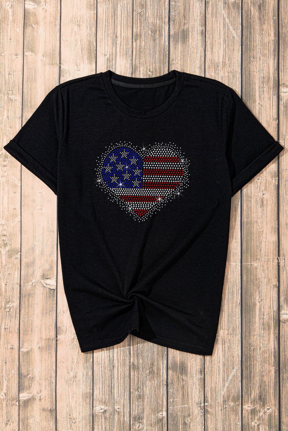 Rhinestone Heart Round Neck Short Sleeve T-Shirt by SYNZ