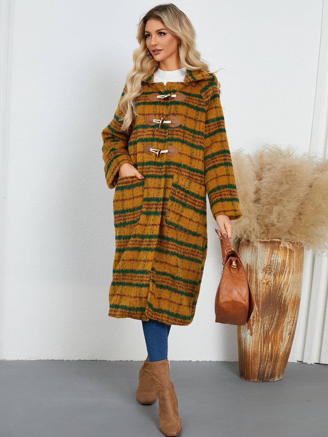 Plaid Long Sleeve Hooded Coat with Pockets by Trendsi