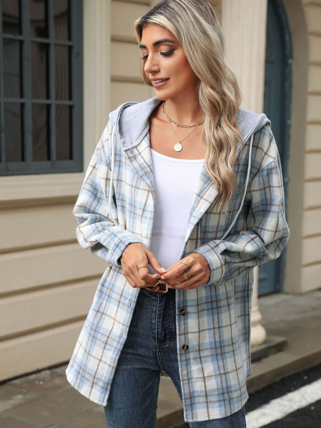 Drawstring Plaid Button Up Hooded Jacket by H & L