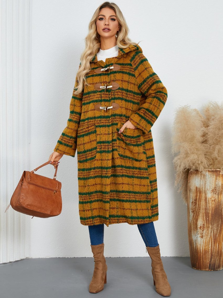 Plaid Long Sleeve Hooded Coat with Pockets by Trendsi