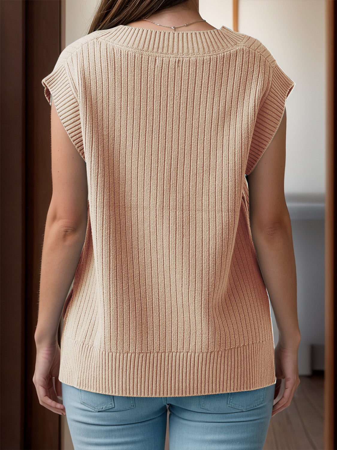 V-Neck Cap Sleeve Knit Vest by Trendsi