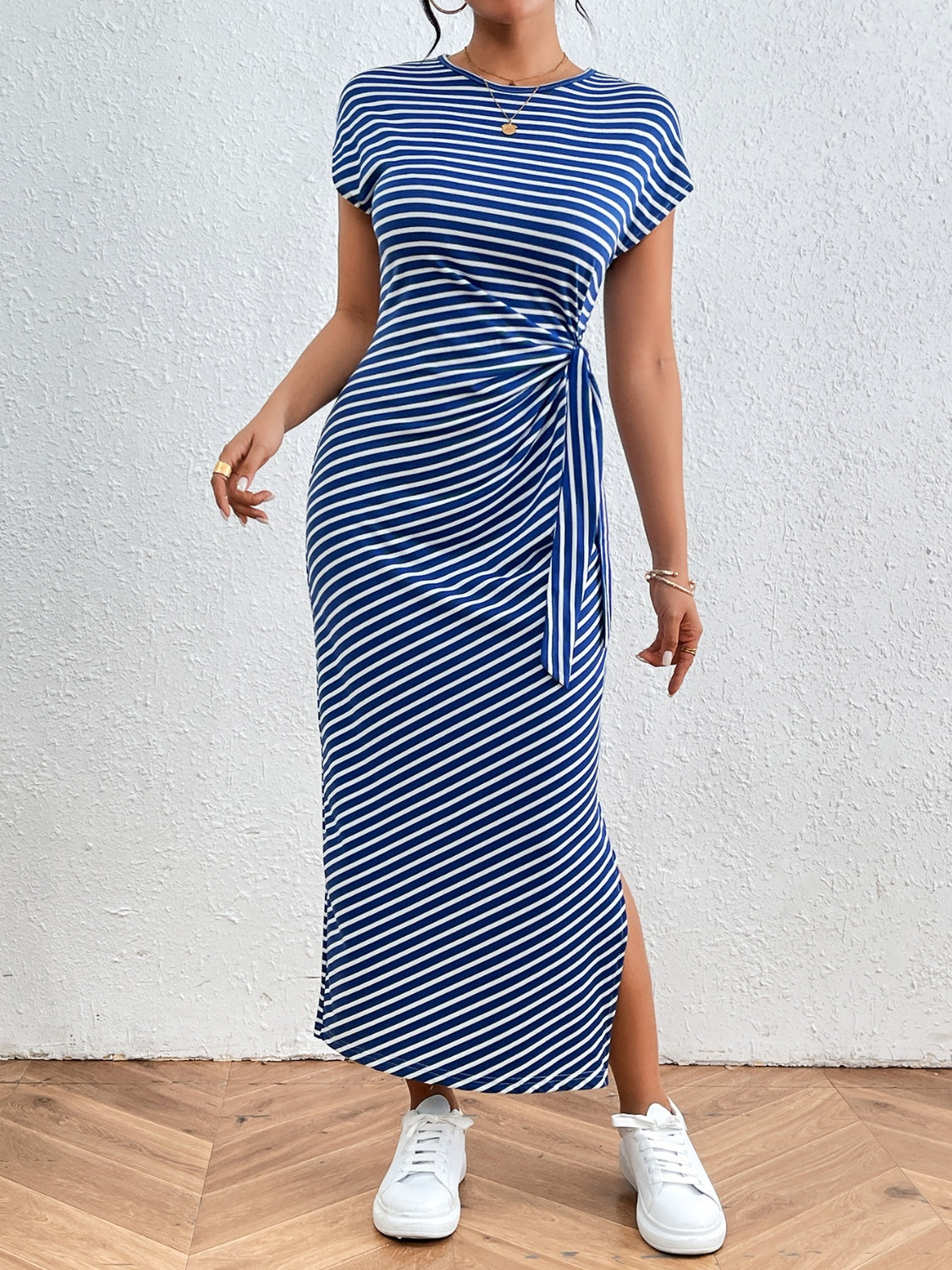 Tied Striped Round Neck Short Sleeve Tee Dress by Hanny