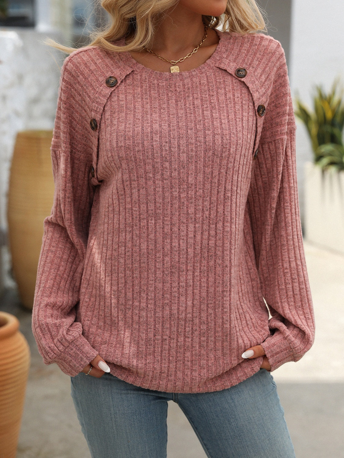 Decor Button Long Sleeve Ribbed T-Shirt by Mandy