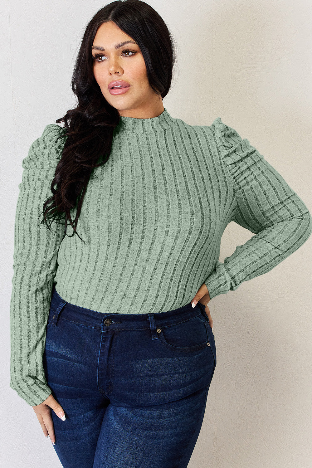 Ribbed Mock Neck Puff Sleeve by Basic Bae