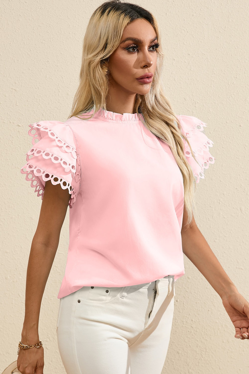 Ruffled Eyelet Round Neck Cap Sleeve Blouse by SYNZ