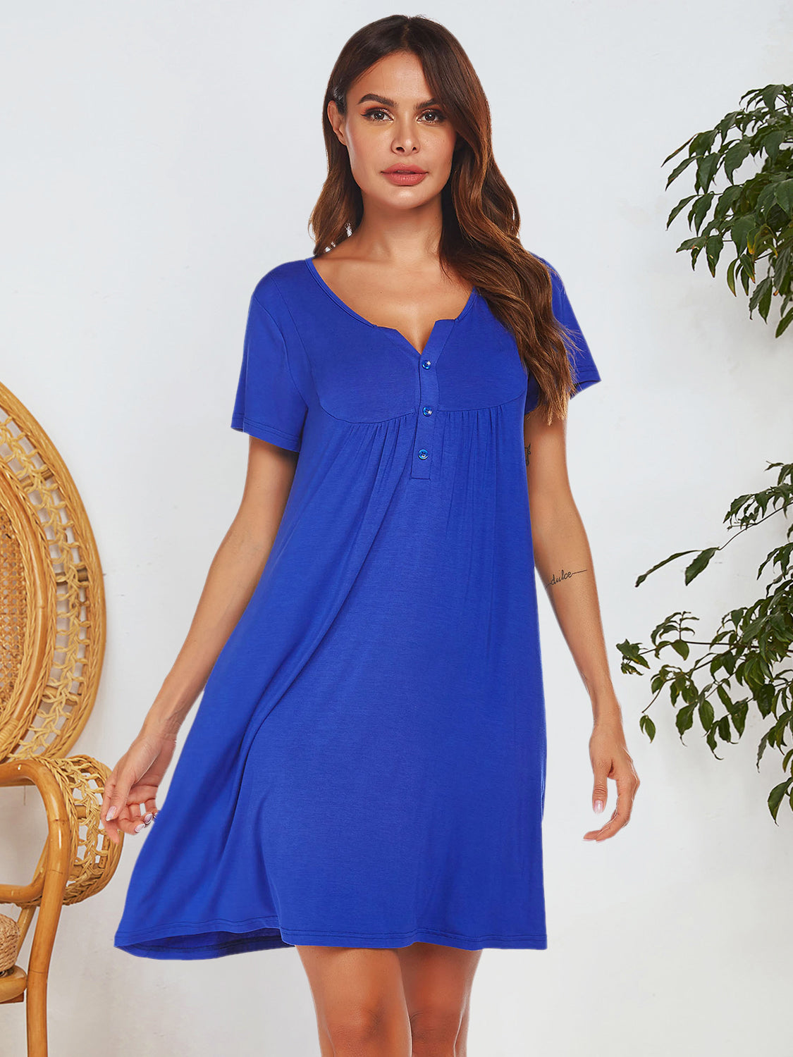 Notched Short Sleeve Mini Lounge Dress by DEW