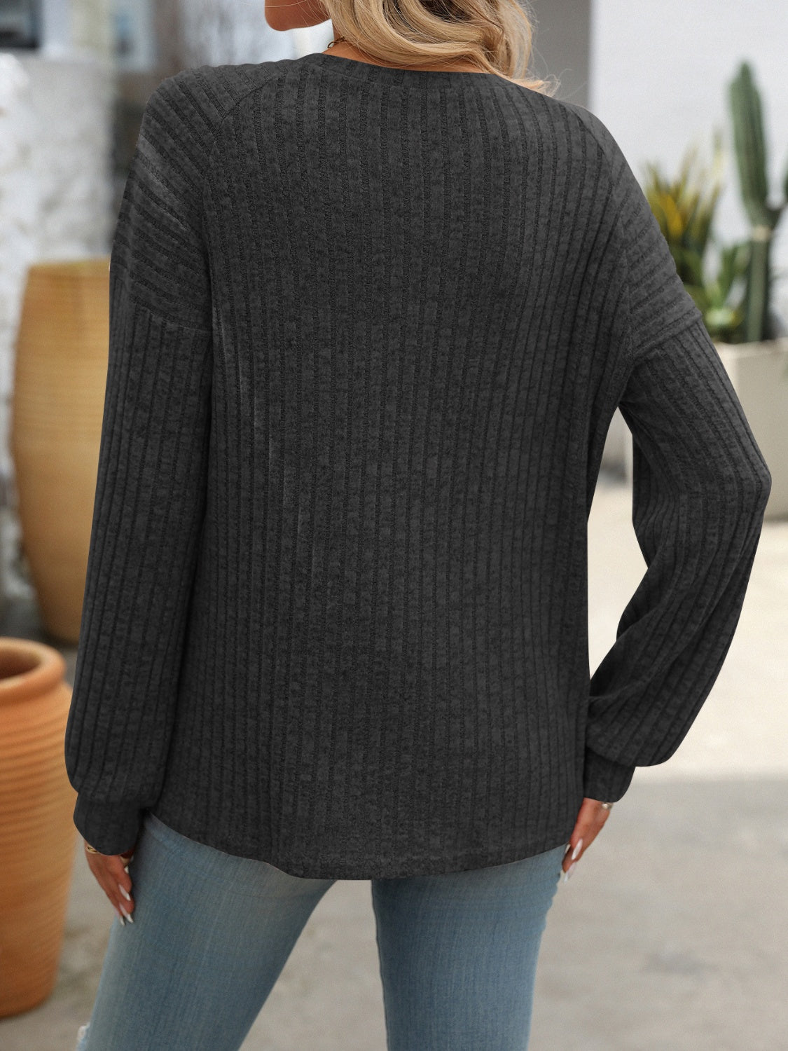 Decor Button Long Sleeve Ribbed T-Shirt by Mandy