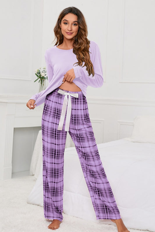 Round Neck Long Sleeve Top and Bow Plaid Pants Lounge Set by X.Y.M