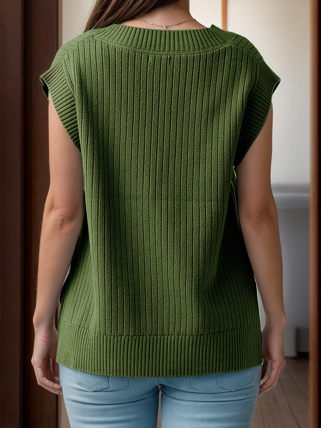 V-Neck Cap Sleeve Knit Vest by Trendsi