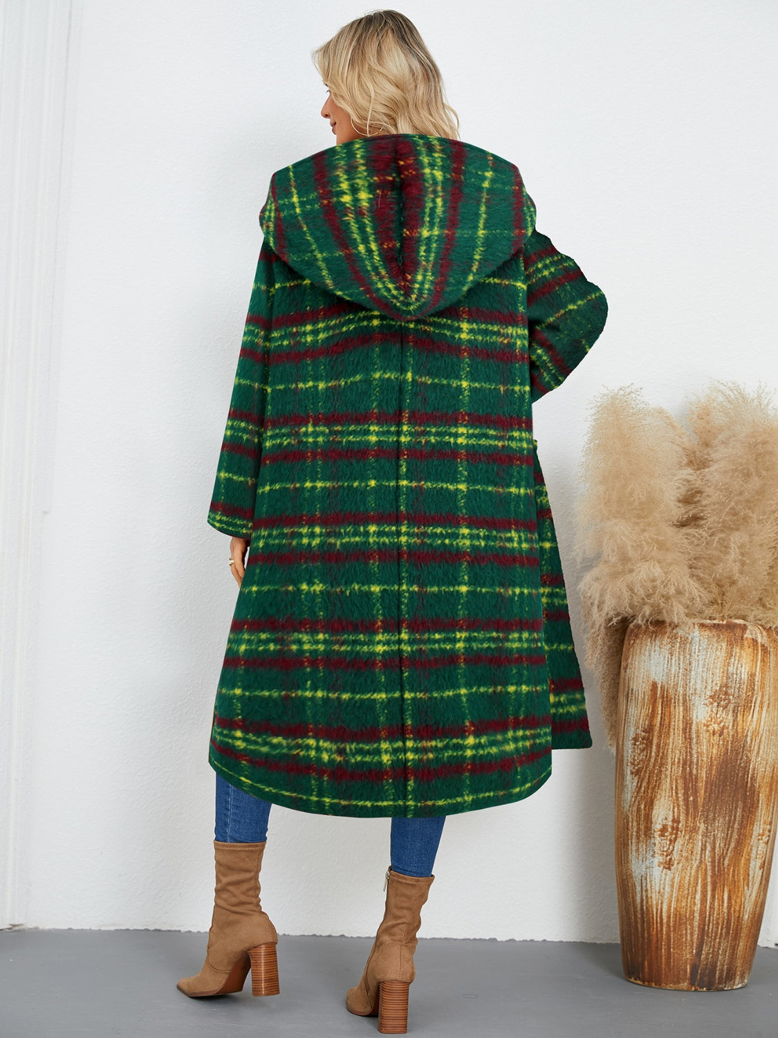 Plaid Long Sleeve Hooded Coat with Pockets by Trendsi