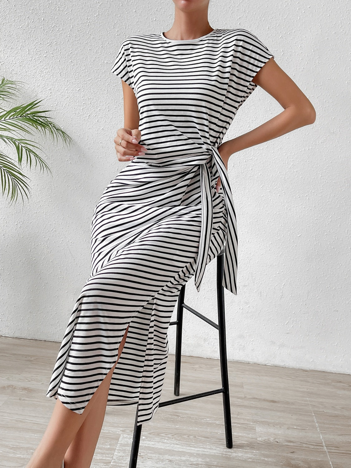 Tied Striped Round Neck Short Sleeve Tee Dress by Hanny