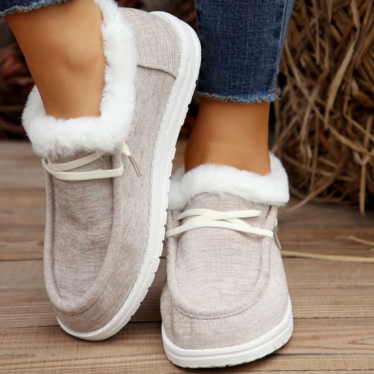 Lace Up Round Toe Furry Sneakers by YMXY