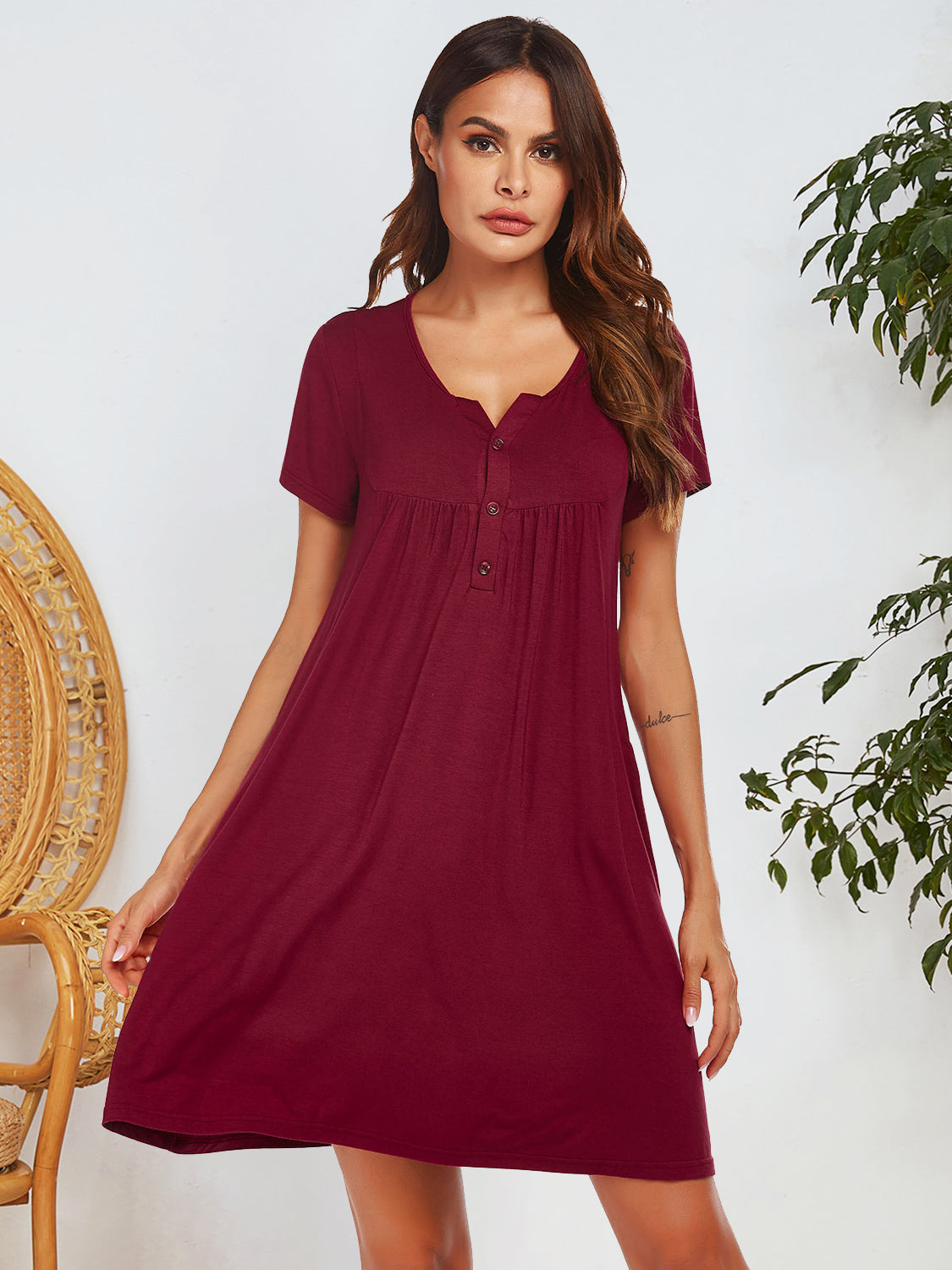 Notched Short Sleeve Mini Lounge Dress by DEW