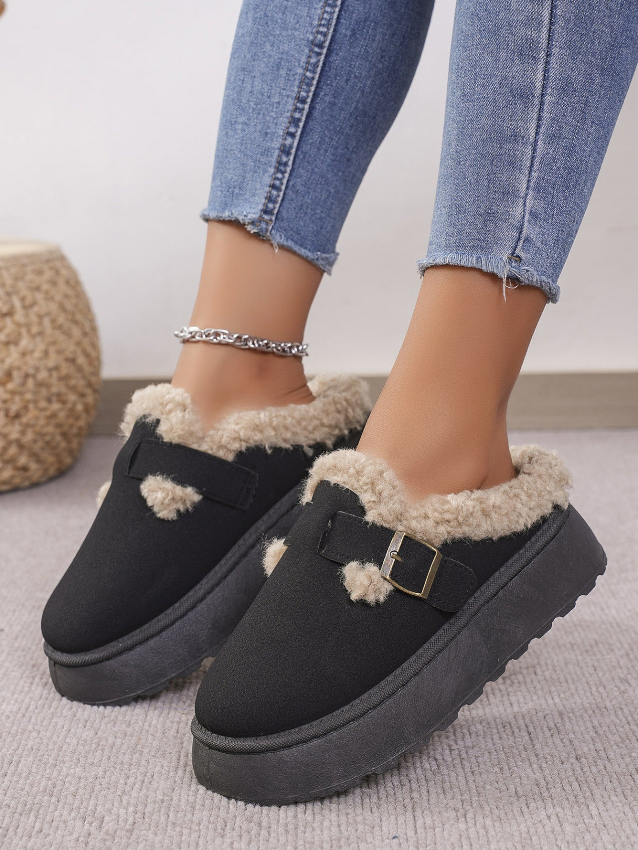 Thermal Fuzzy Buckle Platform Slippers by Trendsi