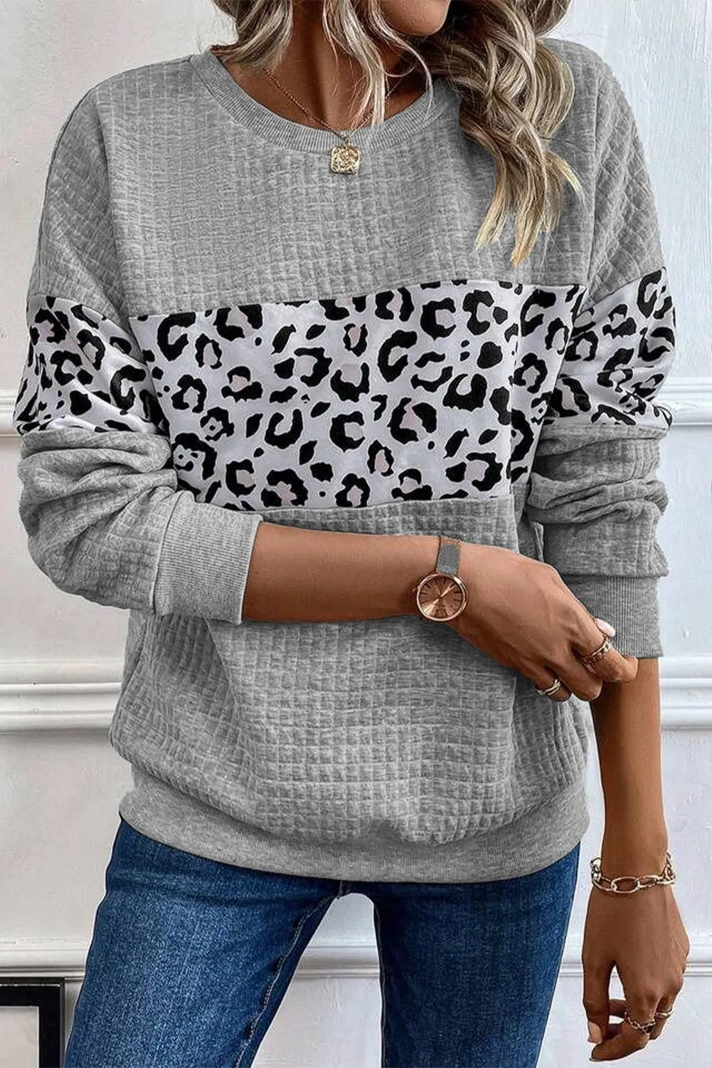 Leopard Round Neck Long Sleeve Sweatshirt by SYNZ