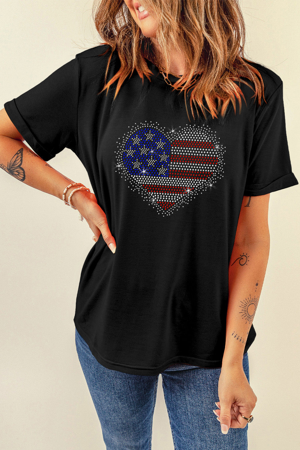 Rhinestone Heart Round Neck Short Sleeve T-Shirt by SYNZ