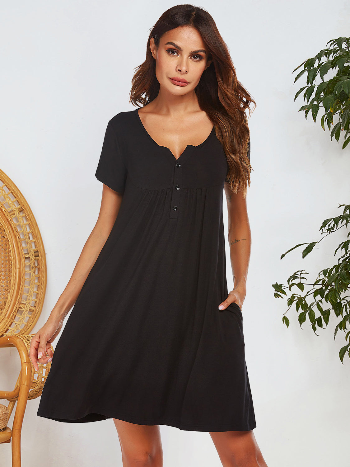 Notched Short Sleeve Mini Lounge Dress by DEW