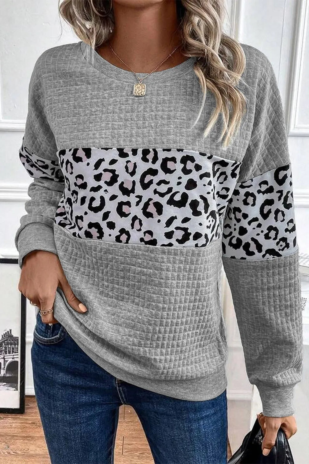 Leopard Round Neck Long Sleeve Sweatshirt by SYNZ