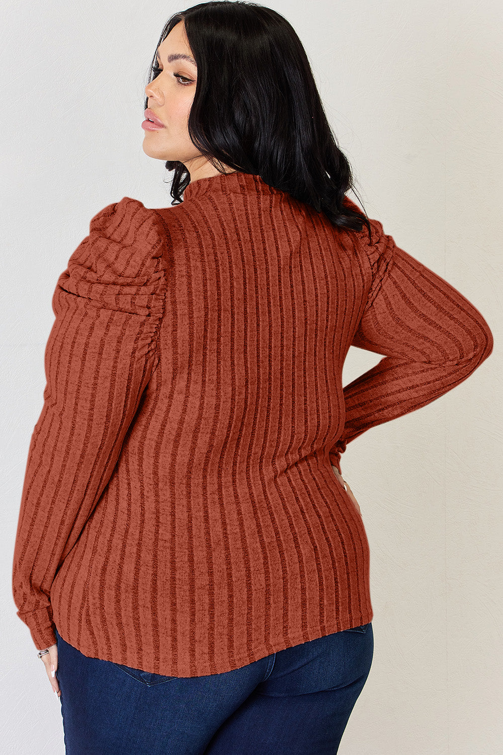 Ribbed Mock Neck Puff Sleeve by Basic Bae