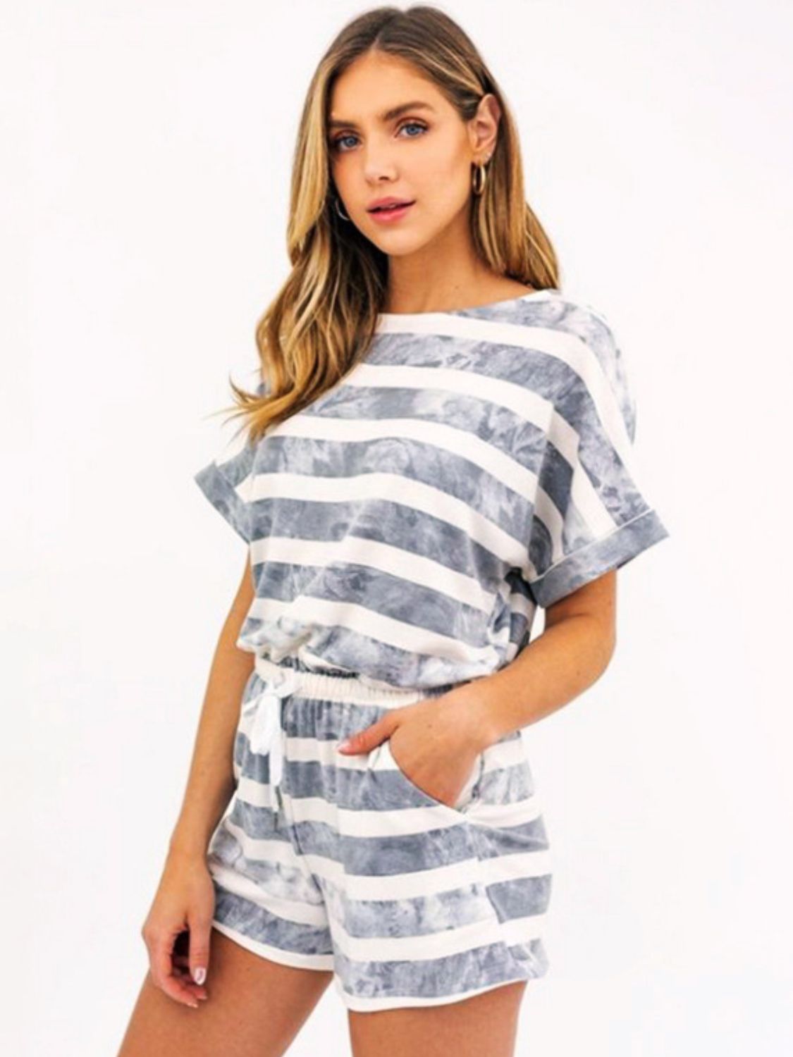 Striped Round Neck Top and Shorts Set by Trendsi