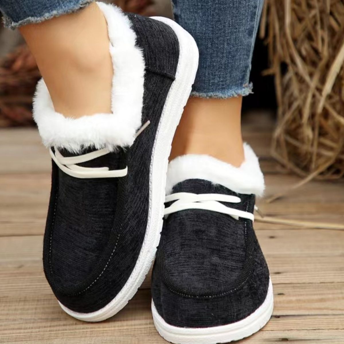 Lace Up Round Toe Furry Sneakers by YMXY