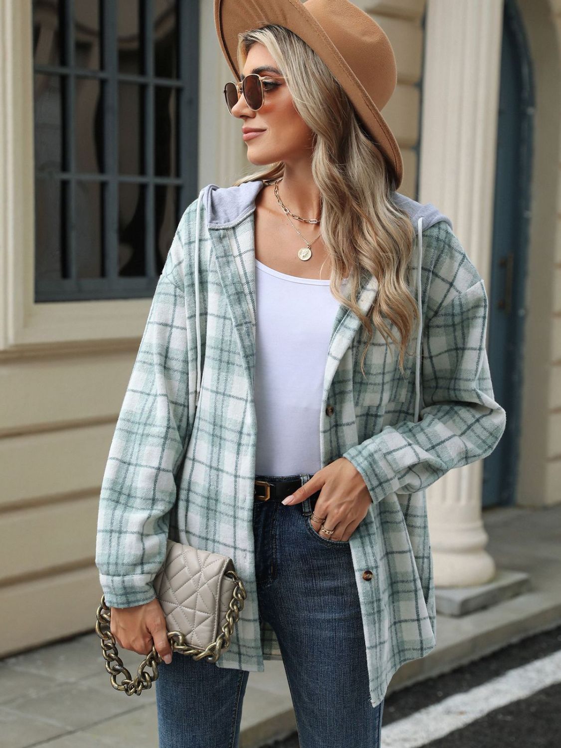 Drawstring Plaid Button Up Hooded Jacket by H & L