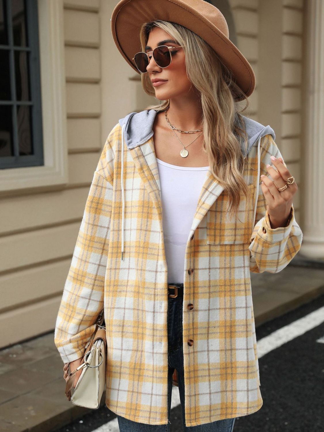 Drawstring Plaid Button Up Hooded Jacket by H & L