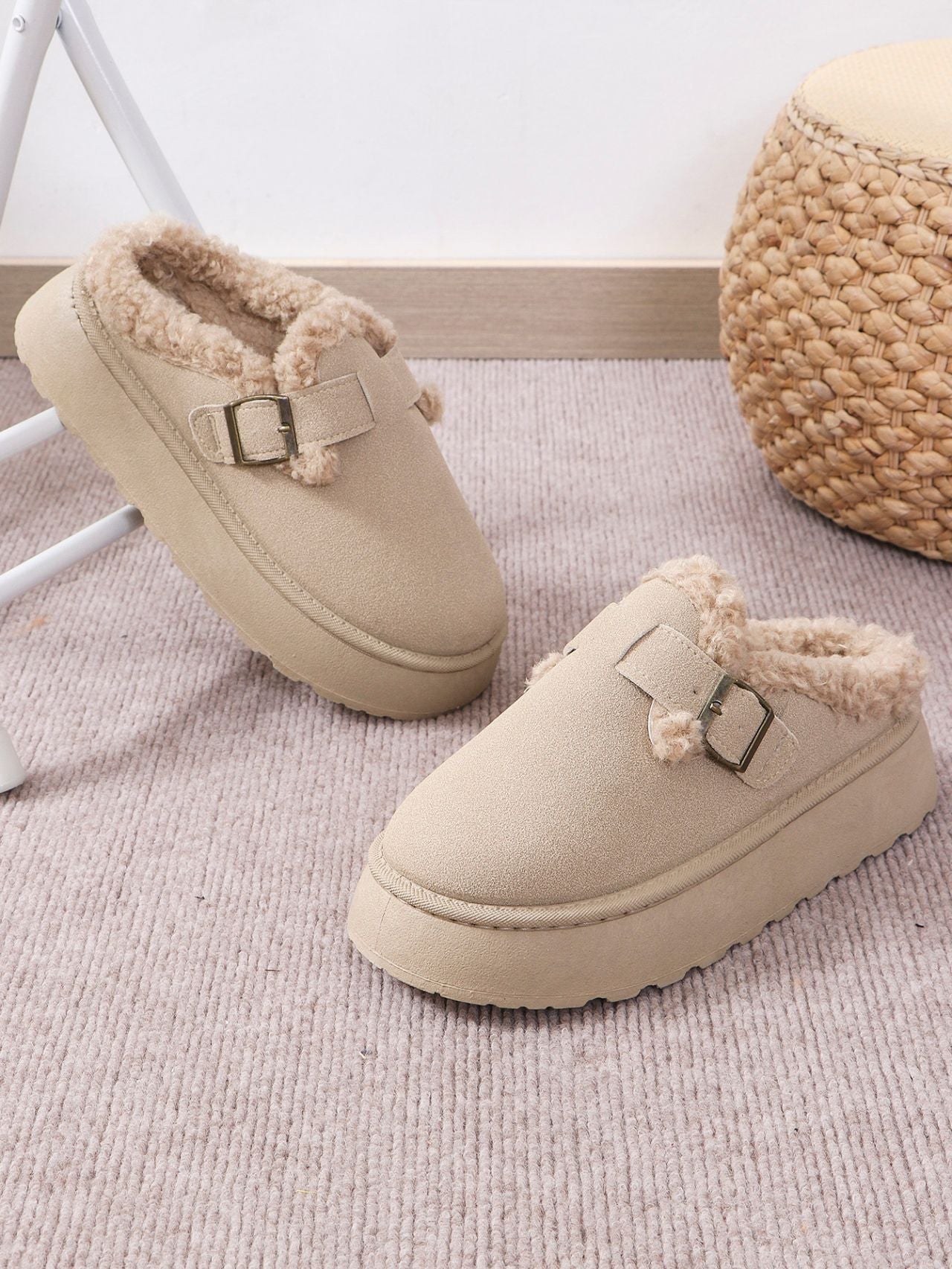 Thermal Fuzzy Buckle Platform Slippers by Trendsi